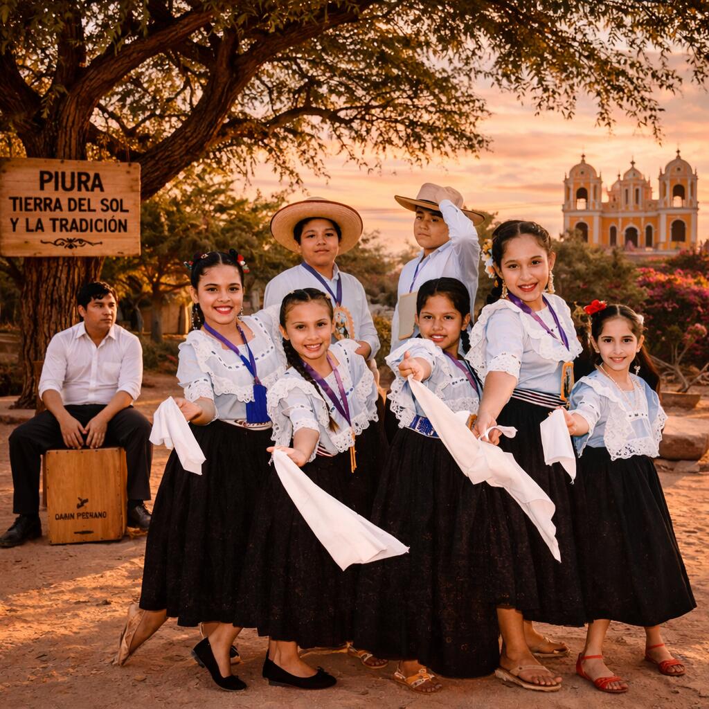Niños y jóvenes bailando Tondero en Piura